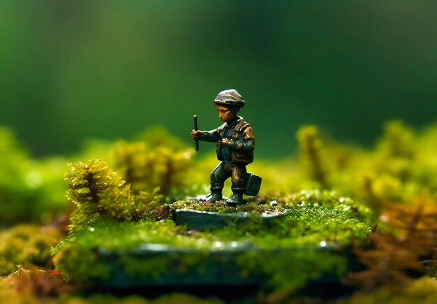 mini figurine on top of moss in the grass