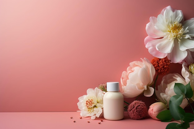 Mini fles cosmetische producten op roze achtergrond met bloemen en kopie ruimte