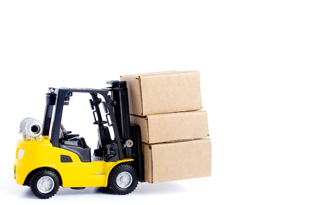 Mini forklift truck load cardboard boxes isolated on white background. Logistics and transportation management ideas and Industry business commercial concept.