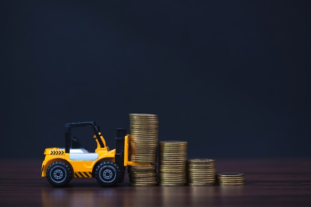 Mini forklift truck loading stack of coin