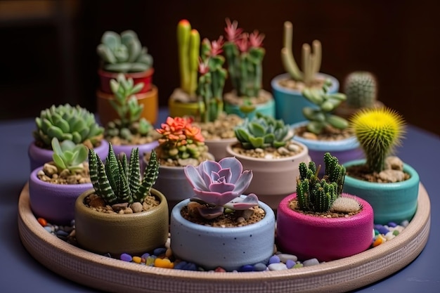 Mini garden with succulent and cactus in colored concrete pots