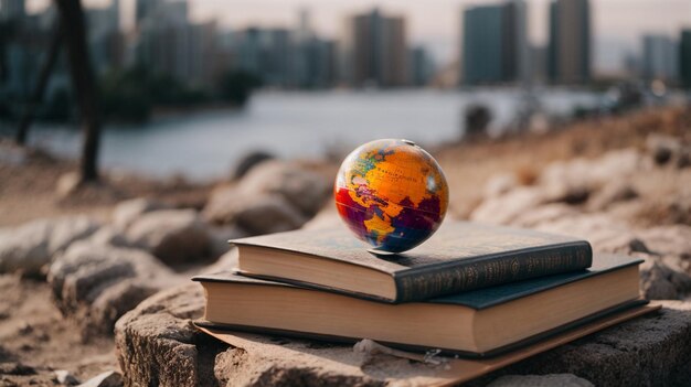 Foto mini globo su una pila di libri di testo nel parco