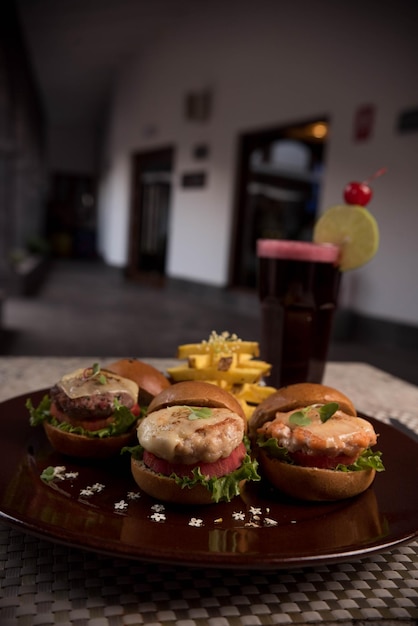 Mini hamburgers on a restaurant table