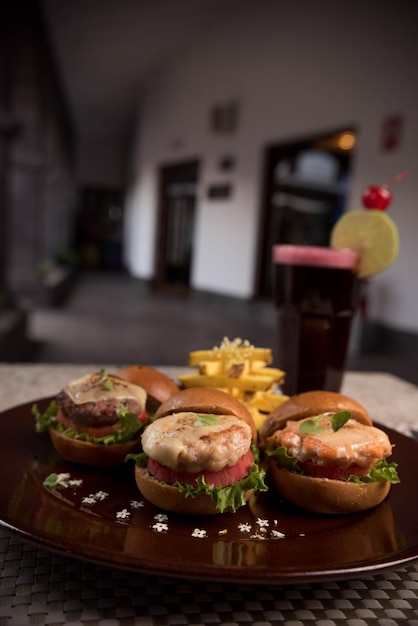 Mini hamburgers on a restaurant table