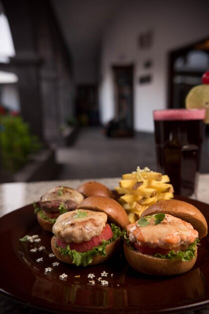 Mini hamburgers on a restaurant table