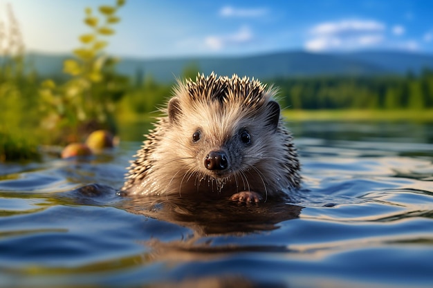 Mini Hedgehog Swimming in the Fresh Water Lake with Landscape Nature Background on Bright Day