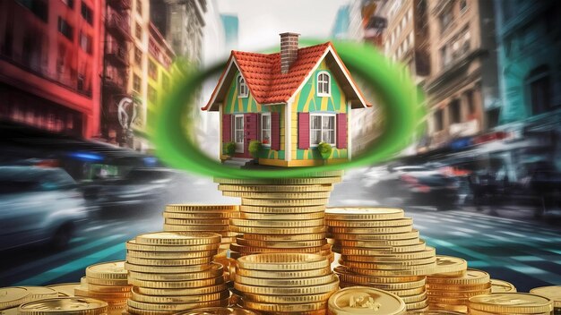 Mini house on stack of coins with green blur