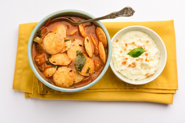 Mini idli or idlies with sambar and coconut chutney South Indian breakfast