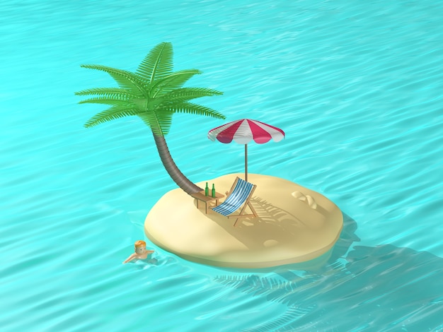 mini island coconut tree swimming cartoon style 3d rendering