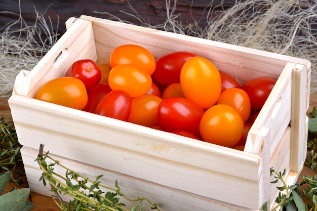 Mini Italian tomatoes in wooden box