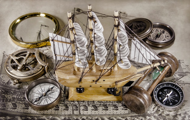 Mini model ship with compass and hourglass