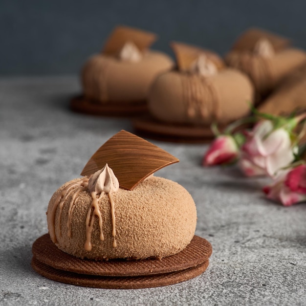 Mini mousse gebak dessert bedekt met chocolade velours op grijze achtergrond