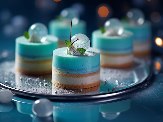 Mini mousse gebak dessert met blauwe velours slinger lampen bokeh achtergrond in de generatieve AI