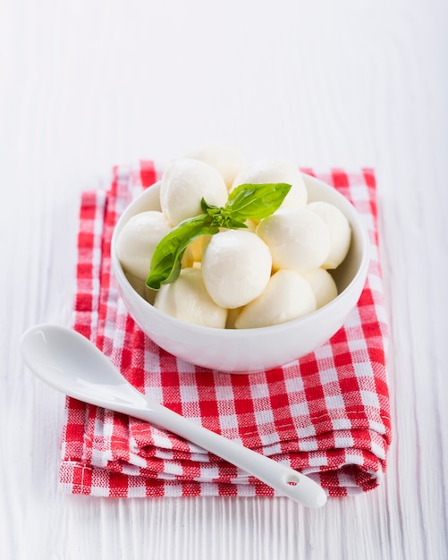 Mini mozzarella in bowl with basil