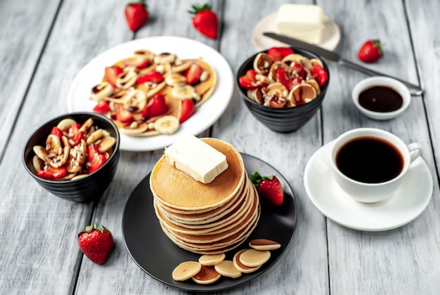 Mini pannenkoeken met aardbeien en bananen op een plaat op tafel