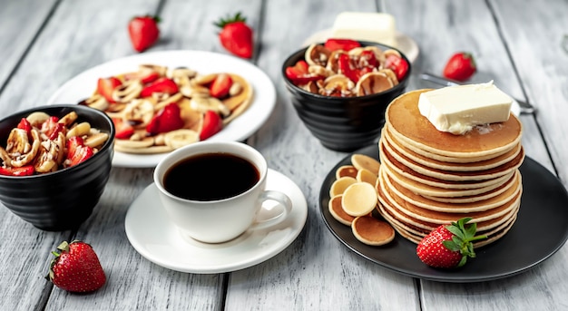 Mini pannenkoeken met aardbeien en bananen op een plaat op tafel