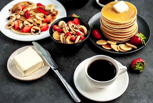 Mini pannenkoeken met aardbeien en bananen op platen op tafel