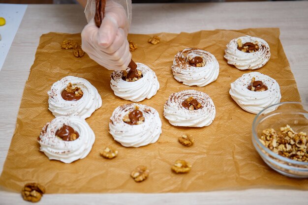 Mini Pavlova meringue nest, easter sweets, cooking process