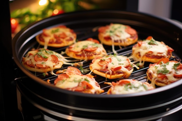 Mini pizzas being baked in a compact toaster oven