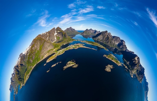 Mini planet Lofoten is an archipelago in the county of Nordland, Norway. Is known for a distinctive scenery with dramatic mountains and peaks, open sea and sheltered bays, beaches and untouched lands.