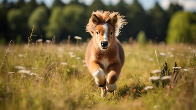 A mini pony horse running on the wide grass