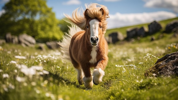 A mini pony horse running on the wide grass