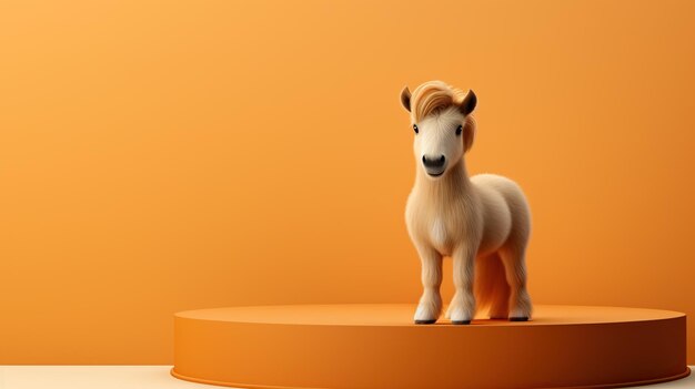 mini pony op een podium met een oranje achtergrond