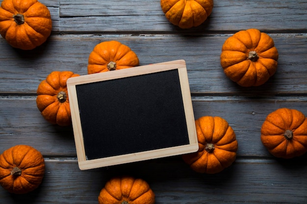 Mini pumpkins arranged on a rustic wooden background