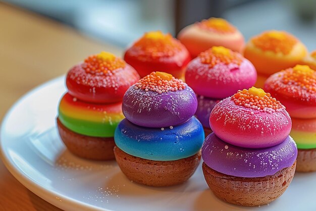 Mini rainbow cakes on white plate