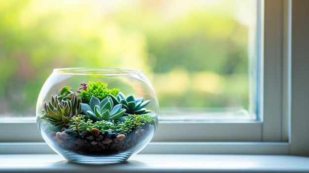 Mini sappige tuin in een glazen terrarium op de vensterbank