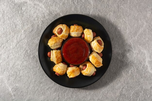 Mini sausages wrapped in puff pastry with ketchup sauce