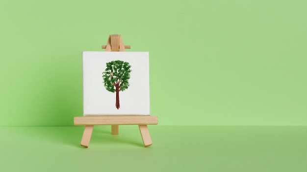 Mini schilderij op een schildersezel op een groene achtergrond Met een geschilderde boom Symbool van groei en welvaart