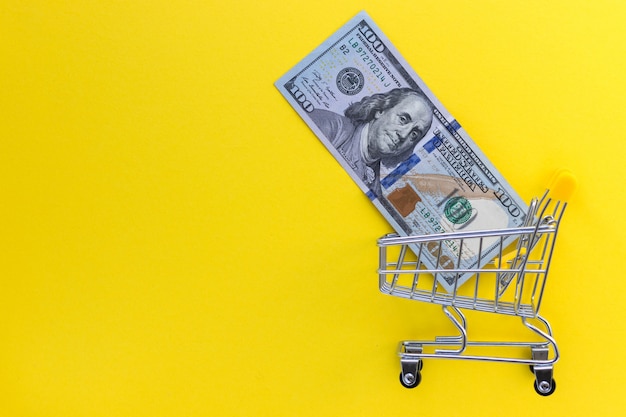 Mini shopping cart with 100 dollar banknotes inside on yellow