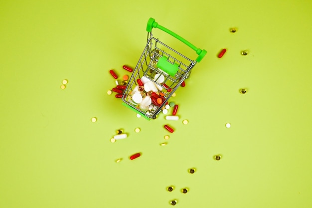 Mini shopping cart with colorful pills and capsules on green background with copy space top view Medical pills