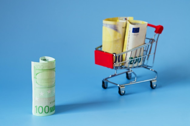 Mini shopping grocery push cart with euro banknotes, money on blue background. Business, finance