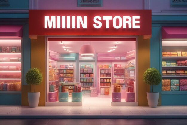 Foto banner di rendering 3d mini store concetto di shopping online in background colorato