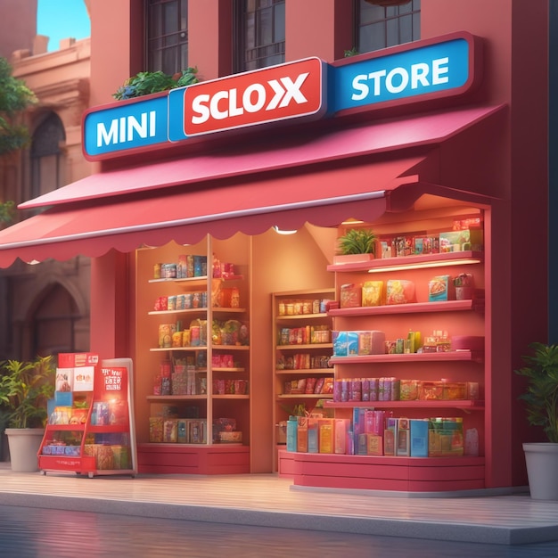 Foto banner di rendering 3d mini store concetto di shopping online in background colorato