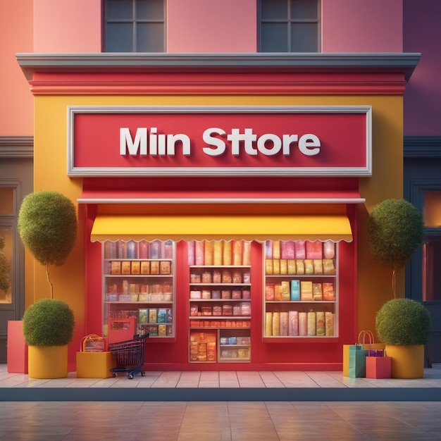 Mini Store 3D render banner Online Shopping Concept in coloerd background