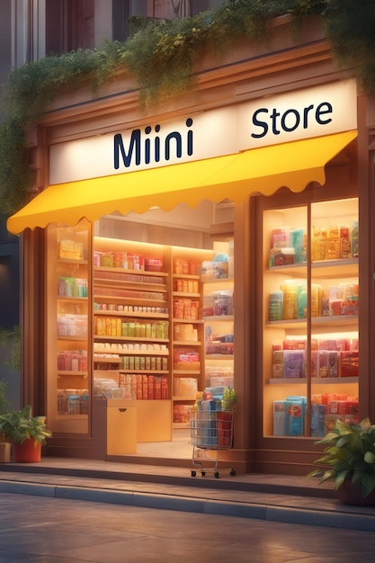 Мини-магазин 3D рендеринг баннера Концепция интернет-магазина на цветном фоне