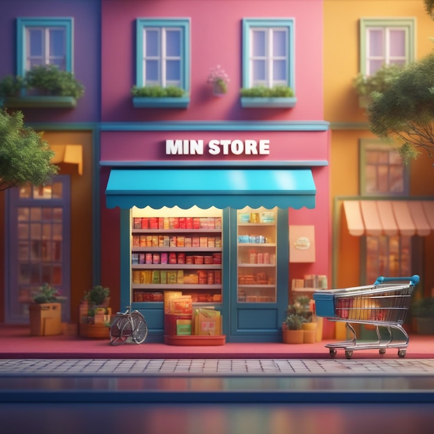 Mini Store 3D render banner Online Shopping Concept op gekleurde achtergrond