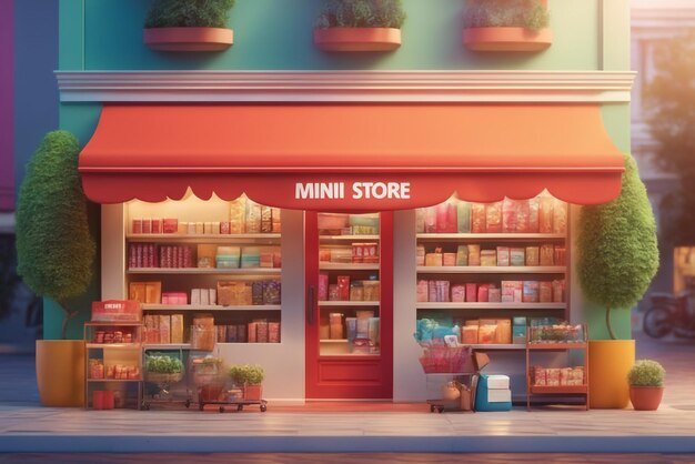 Mini Store 3D render banner Online Shopping Concept op gekleurde achtergrond