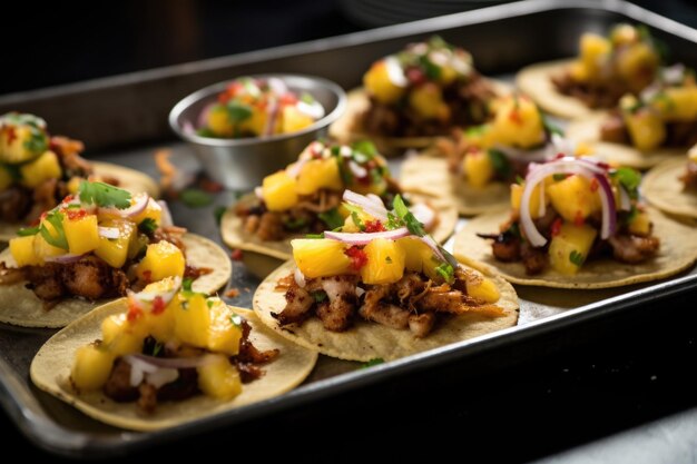Mini street tacos with pork and pineapple on a metal tray