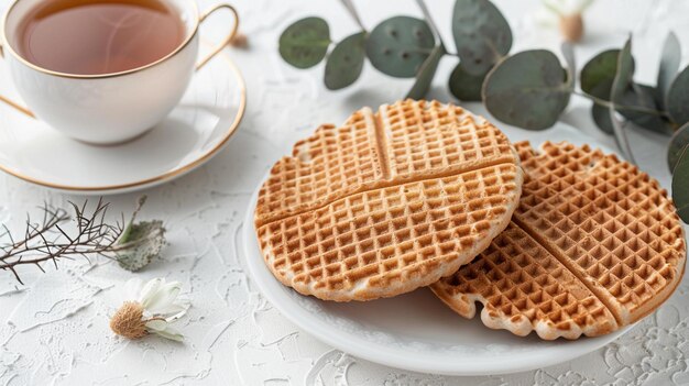 Photo mini stroopwafel syrupwaffles cookies with cup of tea