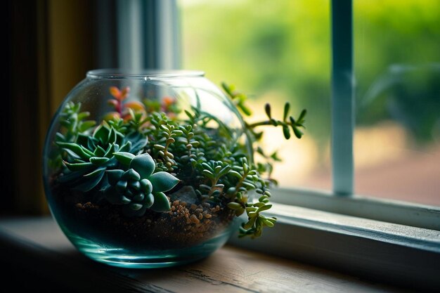 mini succulent garden in glass terrarium on windowsill