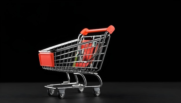 mini supermarket shopping cart on black background holiday sale and online shopping concept