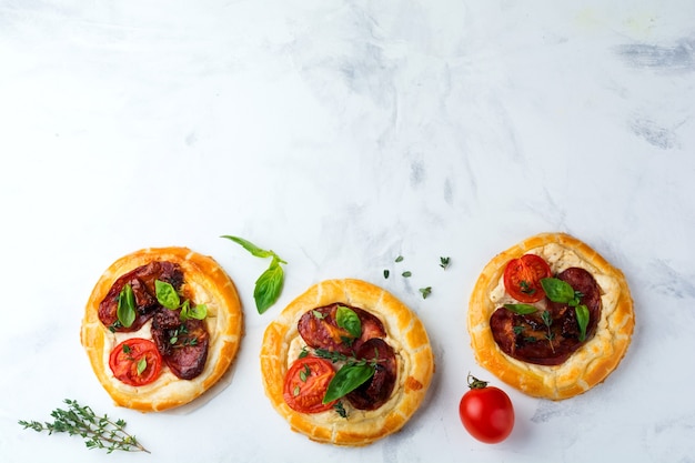 Mini tarts with dried meat, tomatoes, ricotta, thyme, basil and olives on a light