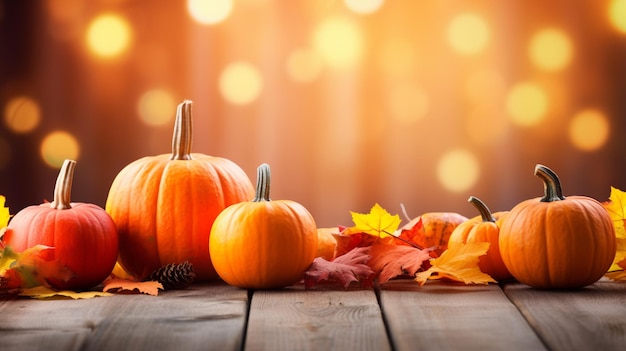 Mini Thanksgiving Pumpkins And Leaves On Rustic Wooden Table With Lights And Bokeh On Wood