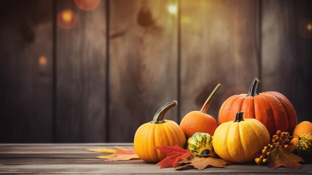 Mini Thanksgiving Pumpkins And Leaves On Rustic Wooden Table