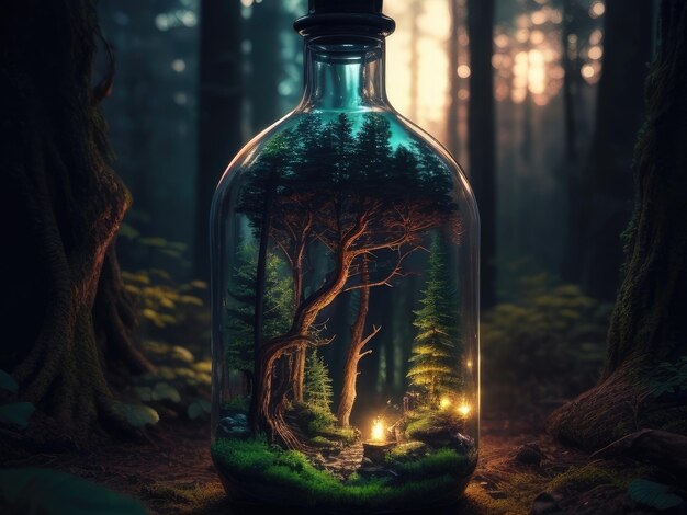 Mini town inside a bottle in a night forest