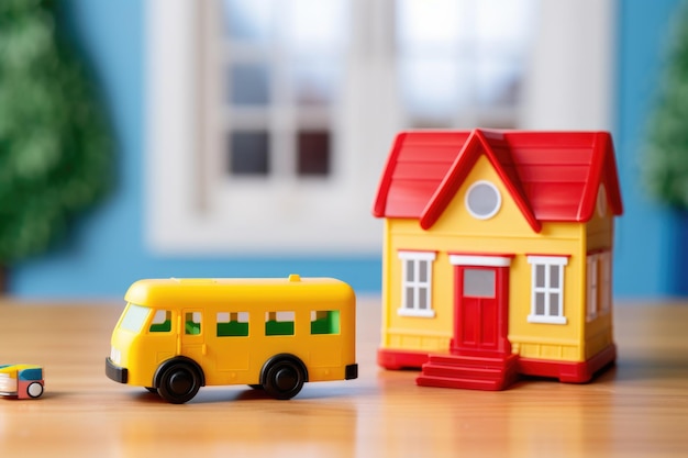 Mini toy school bus traveling from one house toy to another